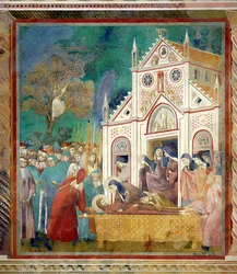 St. Clara omhelst het lichaam van St. Franciscus in het klooster van San Damiano, 1297-99